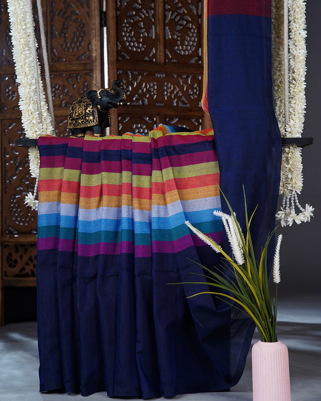 Mulcotton saree with  multicolored check pattern - Navy