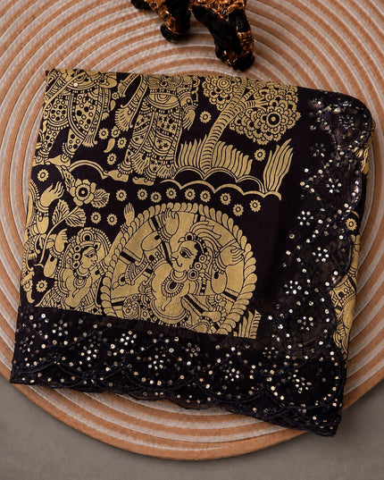 Georgette Saree With Kalmkari Print and Scallop Border and Mirror Work  - Navy