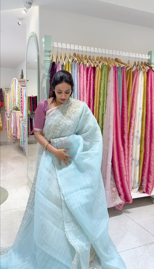 Soft Tissue Organza with Ary Work with Scallop Border- Sky Blue