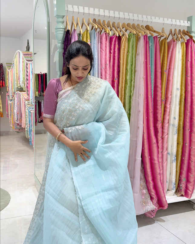 Soft Tissue Organza with Ary Work with Scallop Border- Sky Blue