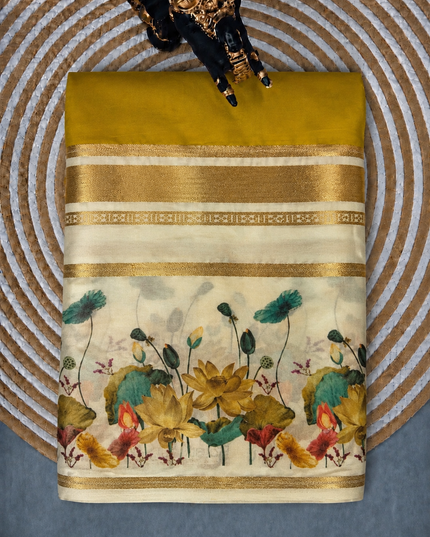 Crepe Saree With Gap Border and  Floral Print -  Mehandi Green