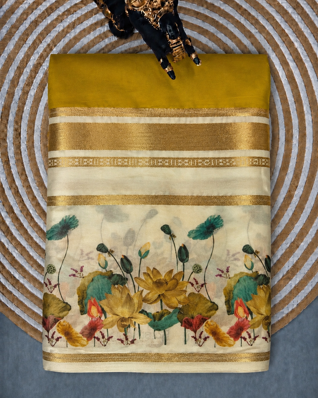 Crepe Saree With Gap Border and  Floral Print -  Mehandi Green