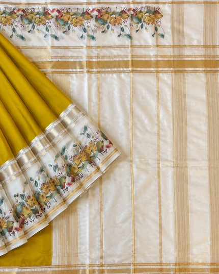 Crepe Saree With Gap Border and  Floral Print -  Mehandi Green