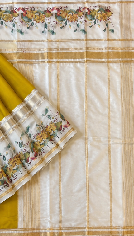 Crepe Saree With Gap Border and  Floral Print -  Mehandi Green