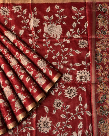 Kora Tusser kalmkari Sarree  With  Dori work and  Golden Border-  Maroon