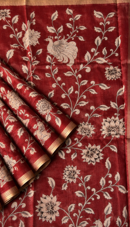Kora Tusser kalmkari Sarree  With  Dori work and  Golden Border-  Maroon