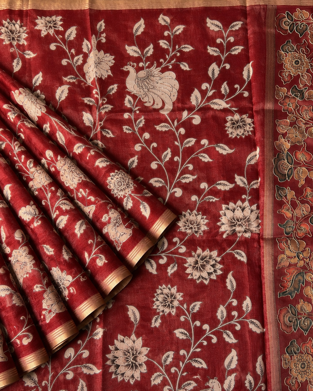 Kora Tusser kalmkari Sarree  With  Dori work and  Golden Border-  Maroon