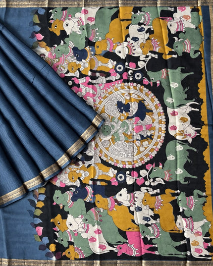 Pure Silk Kota Saree With Kalamkari Print and Small Gold Border -  Peacock Blue