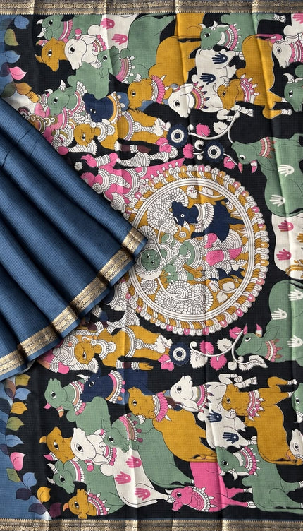 Pure Silk Kota Saree With Kalamkari Print and Small Gold Border -  Peacock Blue