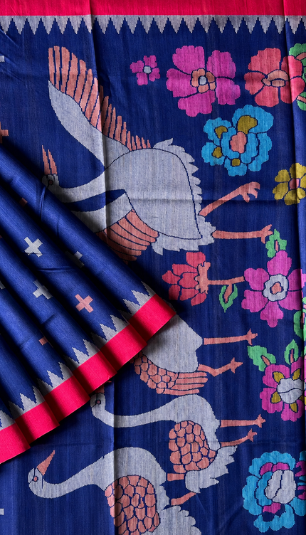 Tusser Jamdani Saree Weaving Butties  With Contrast Border-  Royal Blue