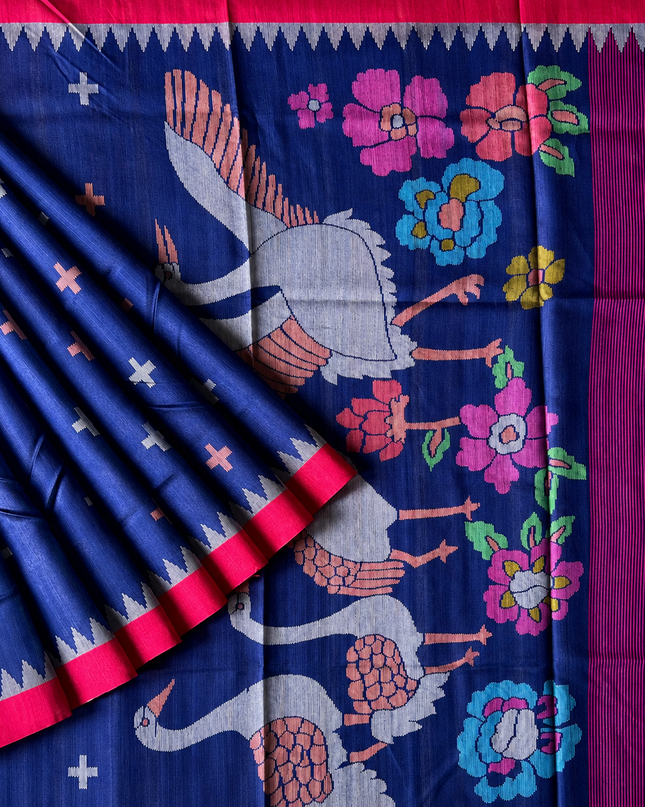 Tusser Jamdani Saree Weaving Butties  With Contrast Border-  Royal Blue