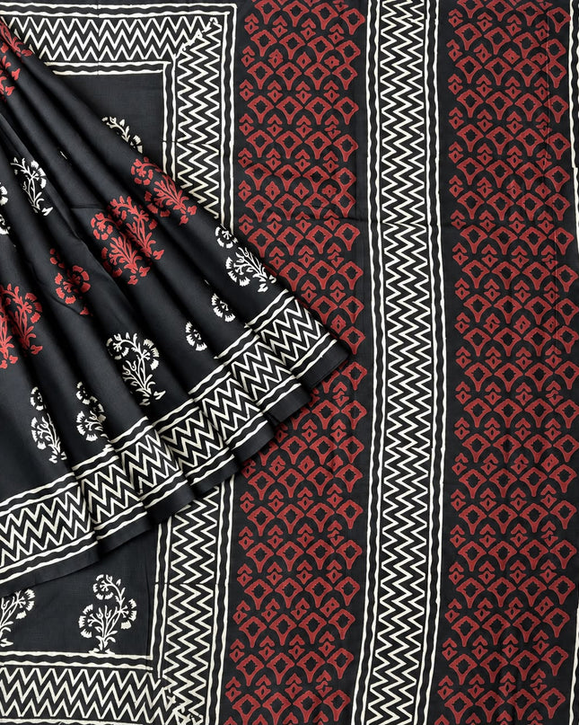 Mul Cotton Saree with Floral Print and Zig Zag Border - Black
