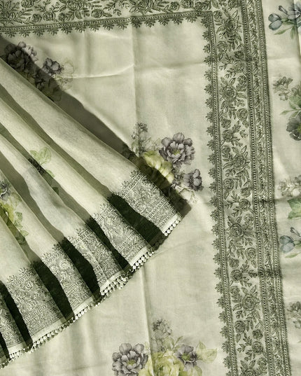 Silk Kota Saree with Floral Print and Thread Embroidery work Border with Lace - Green