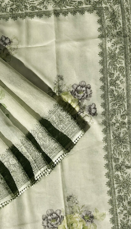 Silk Kota Saree with Floral Print and Thread Embroidery work Border with Lace - Green