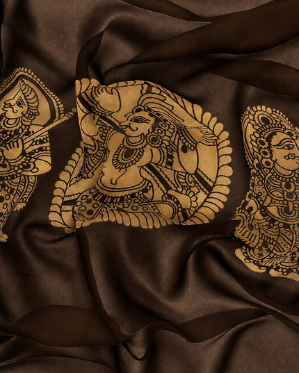 Georgette Saree With Kalmkari Print and Scallop Border and Mirror Work  -Brown