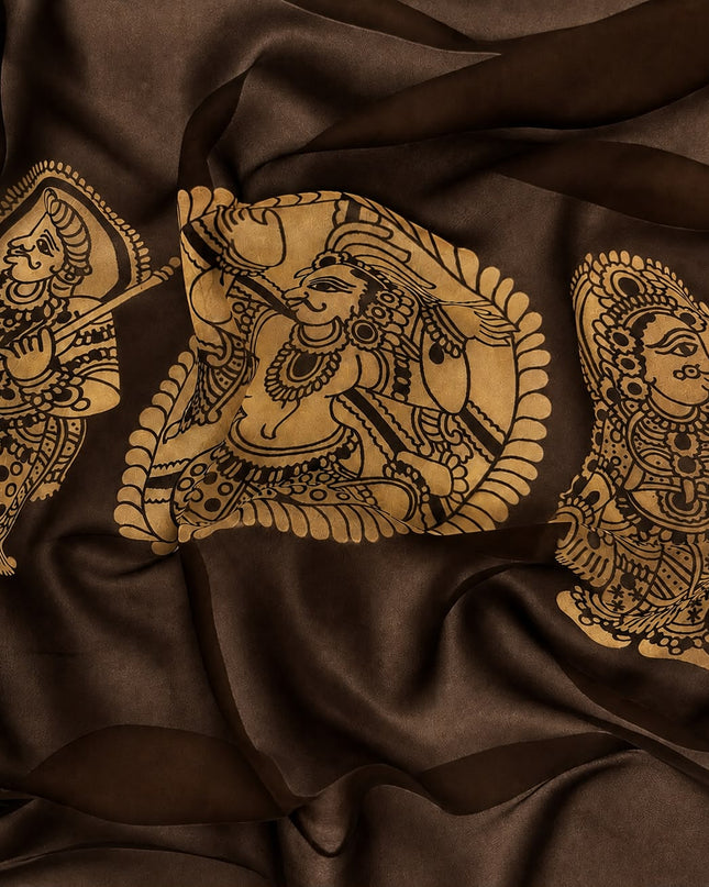 Georgette Saree With Kalmkari Print and Scallop Border and Mirror Work  -Brown