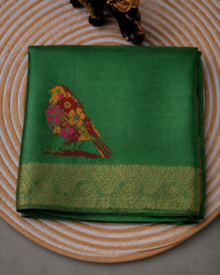 Tissue Banaras saree  with petti point work and Golden Border - Green