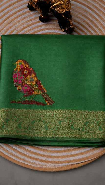 Tissue Banaras saree  with petti point work and Golden Border - Green