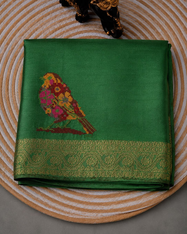 Tissue Banaras saree  with petti point work and Golden Border - Green
