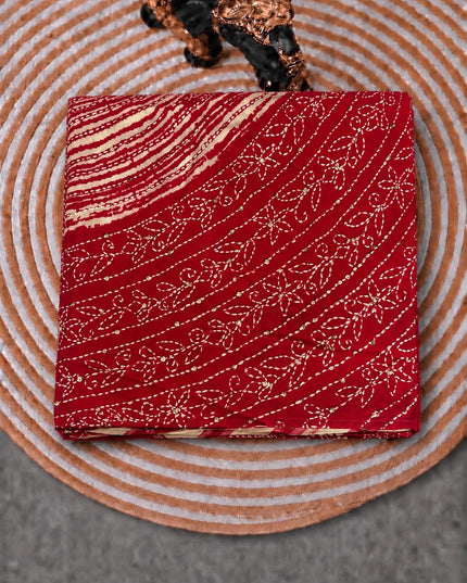 Crepe saree with Laheriya print and  Kantha work - Cream & Pink