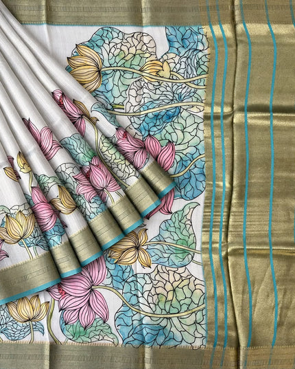Jute Tissue Silk Saree With Floral Print and Contrast Border-  Sea Green