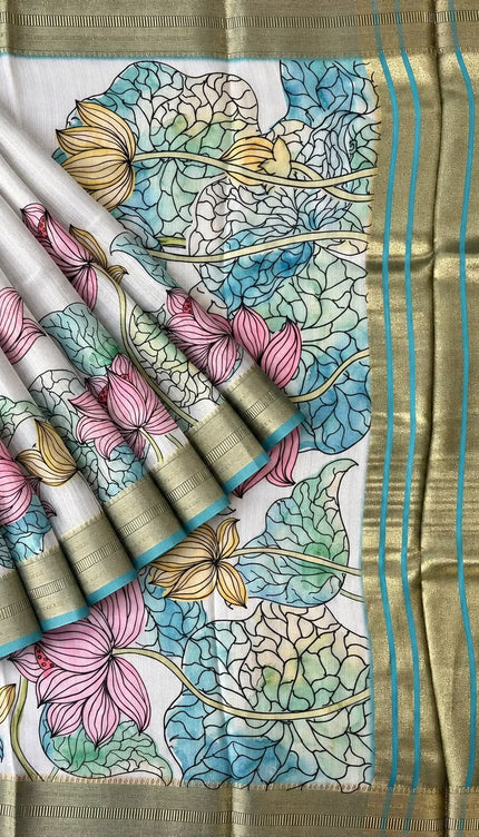 Jute Tissue Silk Saree With Floral Print and Contrast Border-  Sea Green