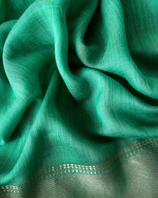 Munga Silk Saree With Floral Print and Kaddi Border -  Rama Green