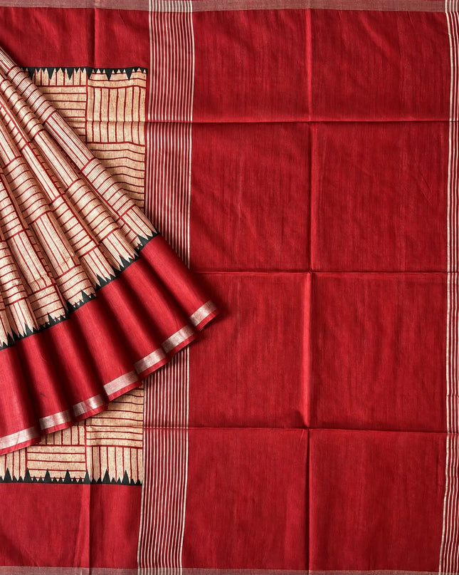 Tusser Saree with Checks Design and contrast Border -  Red