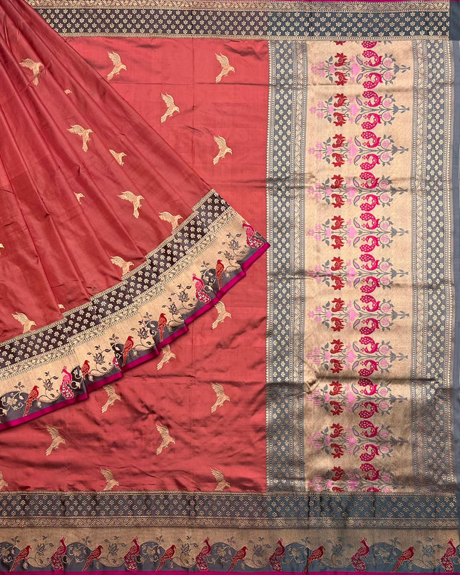 Kathan Silk Saree With All over Gold Zari Buttes and Golden Zari Weaving Border - Light Pink