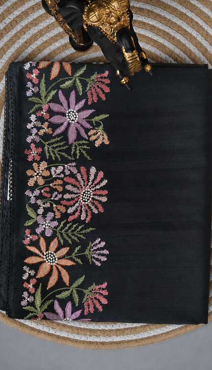 Tusser Silk Saree With Thread Embroidery Work and Lace Border - Black