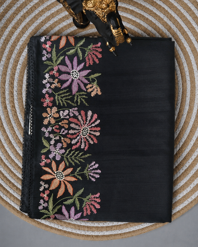 Tusser Silk Saree With Thread Embroidery Work and Lace Border - Black