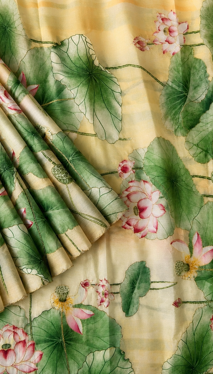 Soft Crush Floral Print With Ari Work and Scallop Border - Mustard