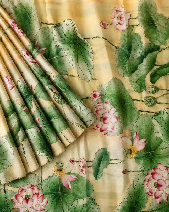 Soft Crush Floral Print With Ari Work and Scallop Border - Mustard