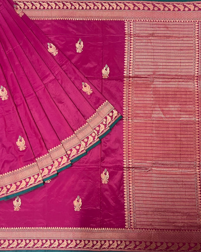 Kathan Silk Saree With All over Gold Zari Buttes and Golden Zari Weaving Border - Pink