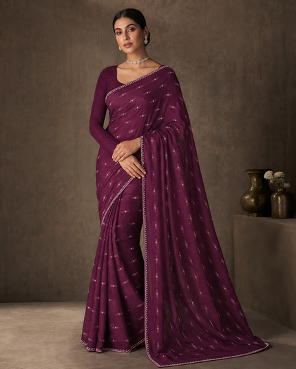 Soft Velvet Saree With Kardhana Sequence Work and Scallop Border- Purple