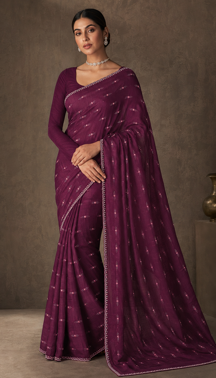 Soft Velvet Saree With Kardhana Sequence Work and Scallop Border- Purple