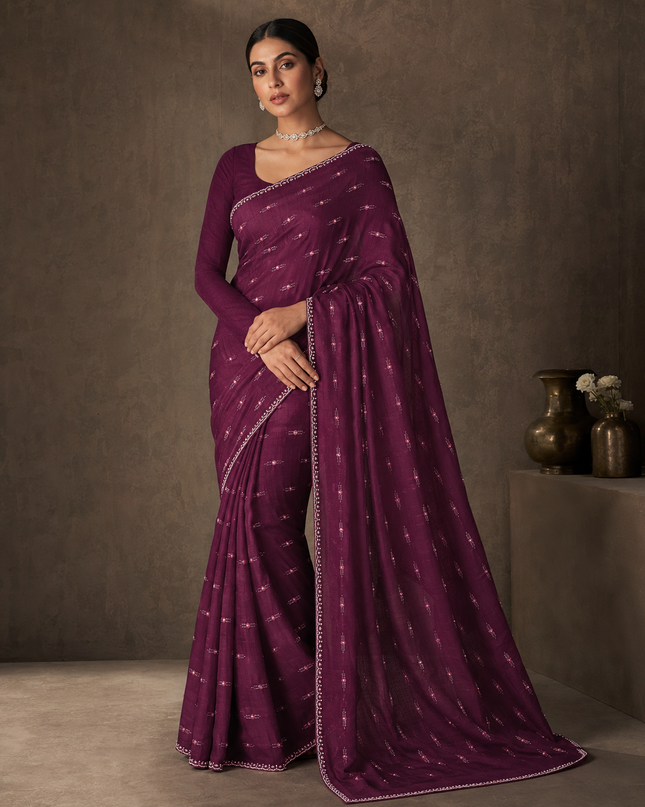 Soft Velvet Saree With Kardhana Sequence Work and Scallop Border- Purple