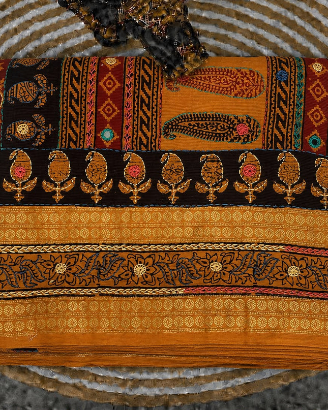 Cotton Saree With Kantha Work and Mirror work  -Orange