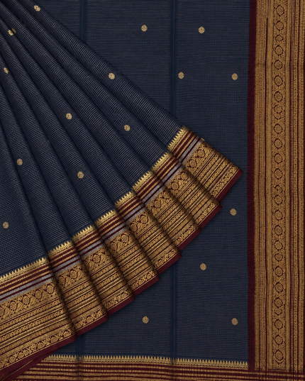Green Silk Saree With Golden Zari Butties And Kanchi Border - Grey & Maroon