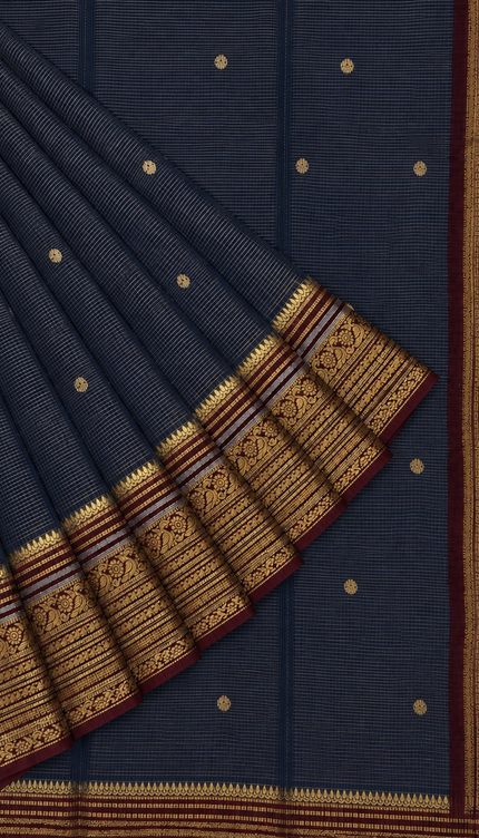 Green Silk Saree With Golden Zari Butties And Kanchi Border - Grey & Maroon