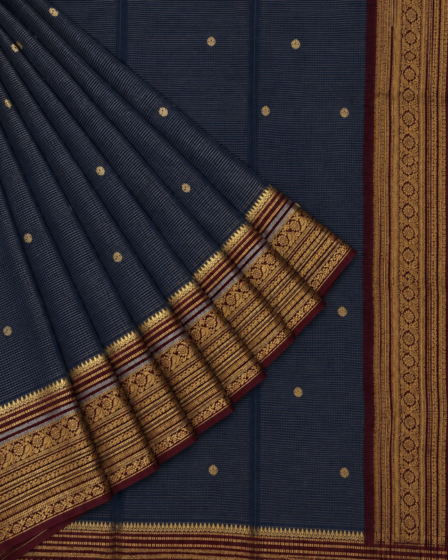 Green Silk Saree With Golden Zari Butties And Kanchi Border - Grey & Maroon