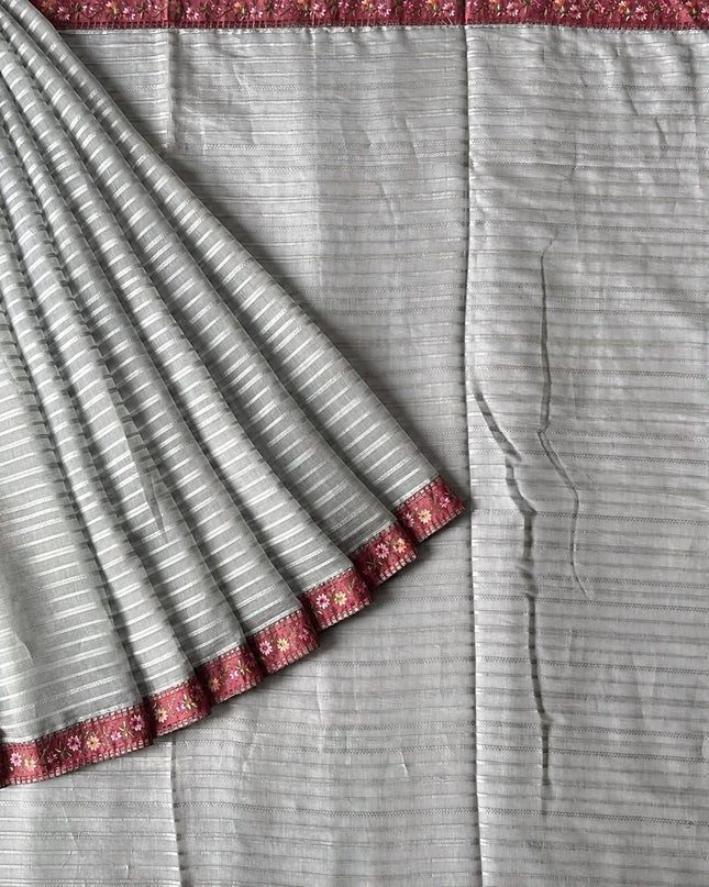 Mul Chanderi saree with Weaving Stripes and lace Border -Light Grey
