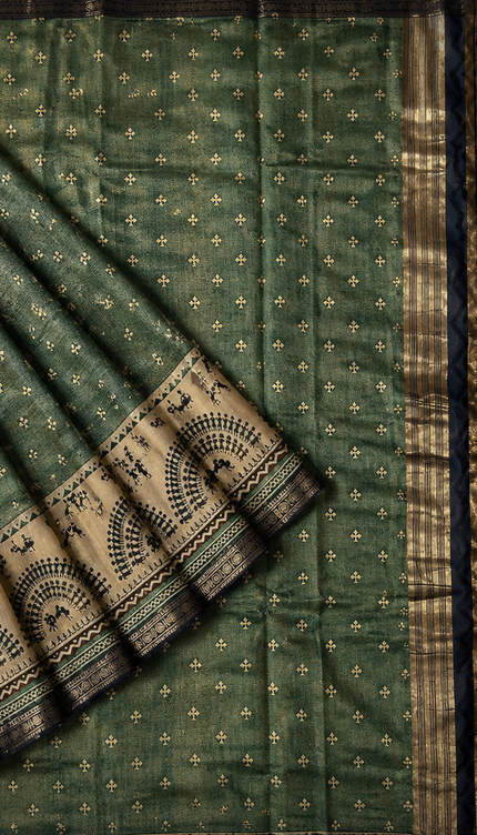 Munga Silk Saree With Floral Print and Kalmkari Border - Sage Green