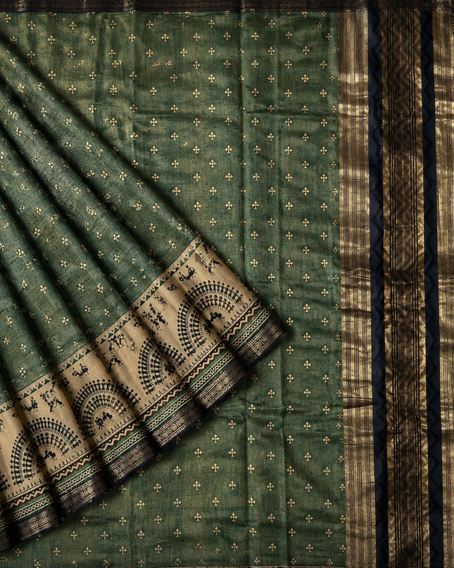 Munga Silk Saree With Floral Print and Kalmkari Border - Sage Green