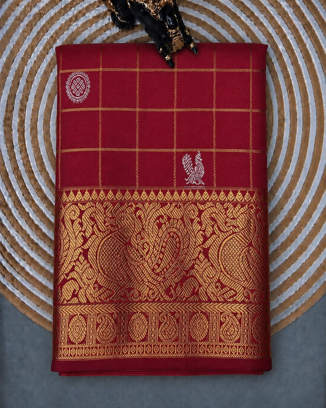 Pure Kanchi Pattu Saree With Allover Checks Design With Silver and Gold Motifs and Golden Border - Red