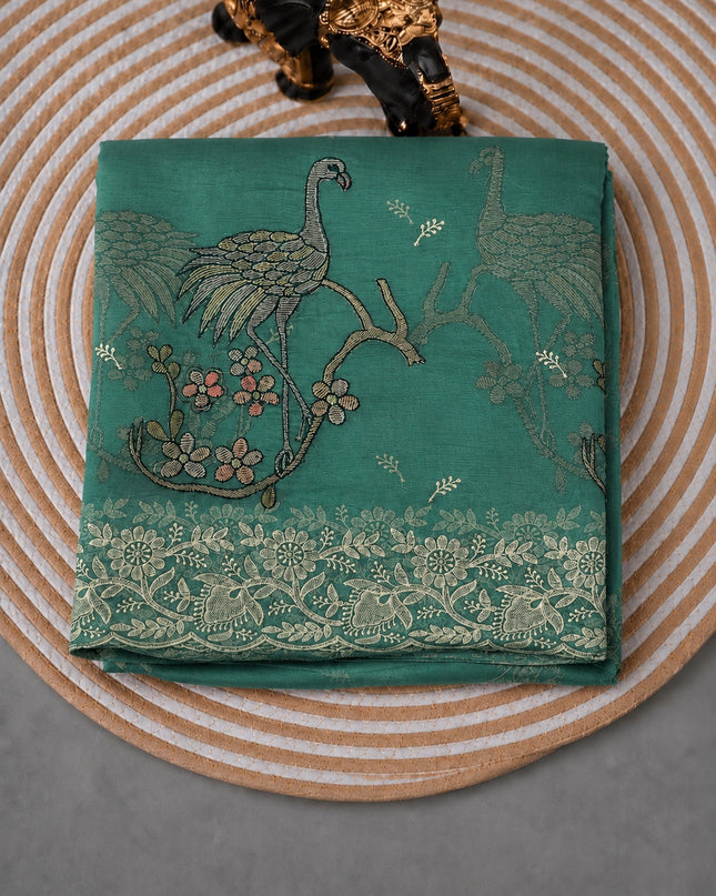 Soft Organza  Saree with Thread Work  and Scallop Border - Light Green