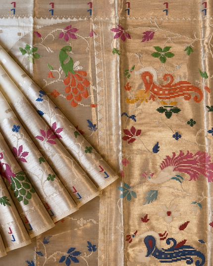 Chanderi  Silk Saree with All over Jamdani weaving style and golden Zari border - Off White