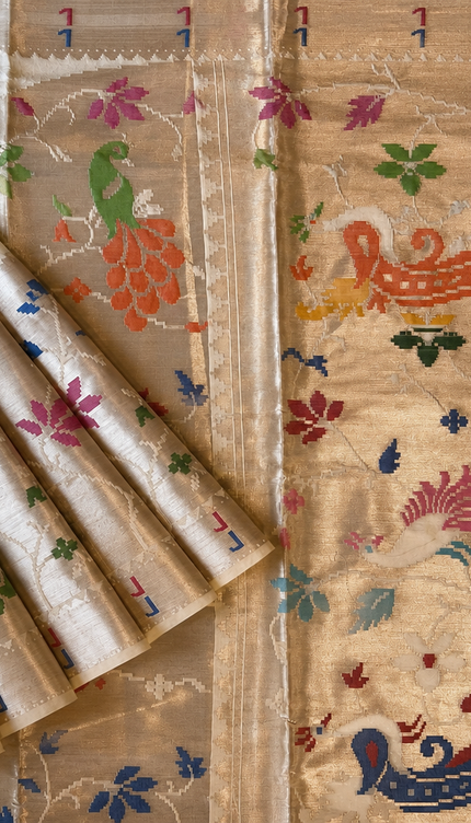 Chanderi  Silk Saree with All over Jamdani weaving style and golden Zari border - Off White