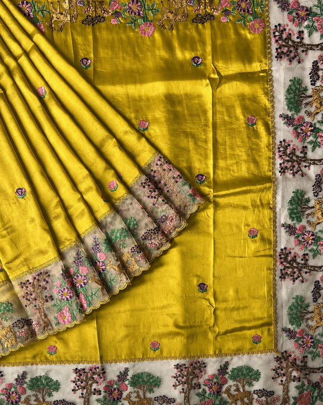 Dupion Saree with Thread Work and Scallop  Kora Border - Mustard