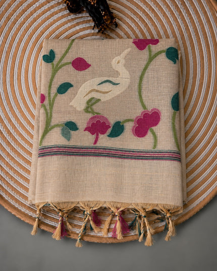 Cotton Chanderi Jamdani Saree with Checks Design and floral Print  Border - Cream & Pink